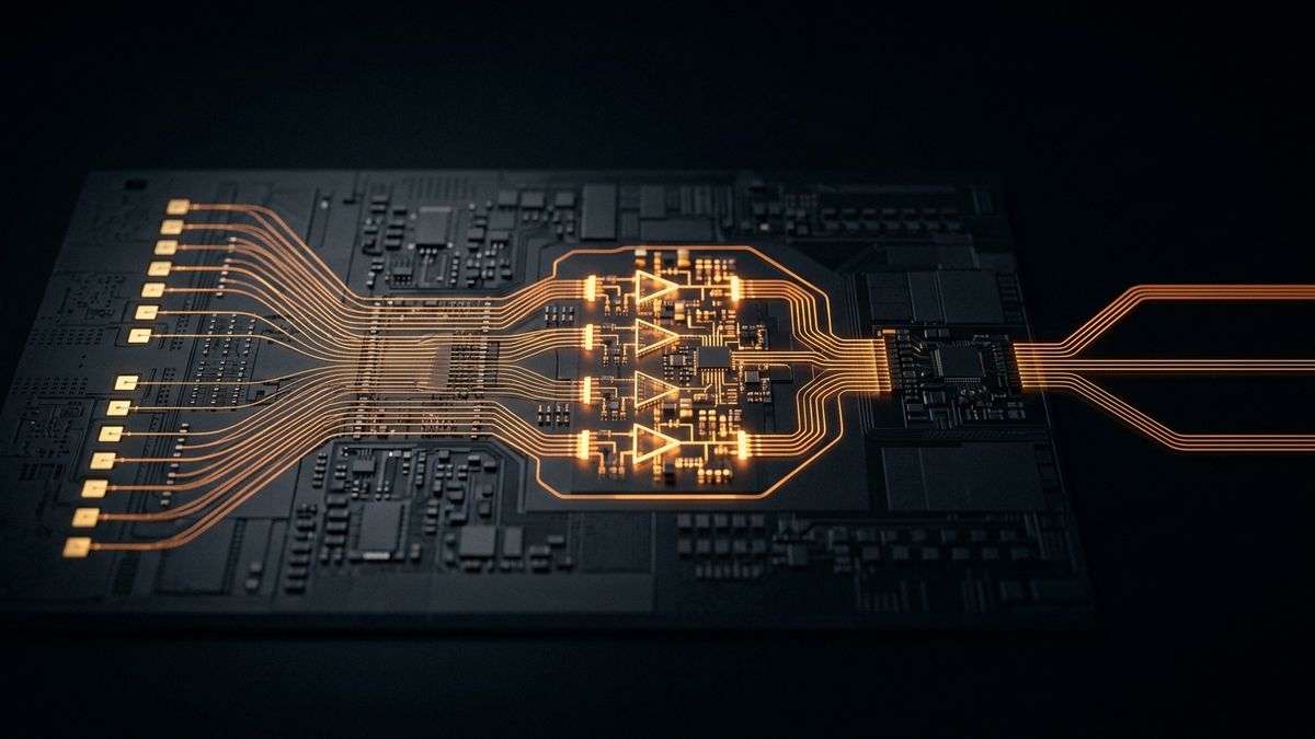 A signal acquisition chain rendered as amber traces running from electrode pads into amplifier stages.