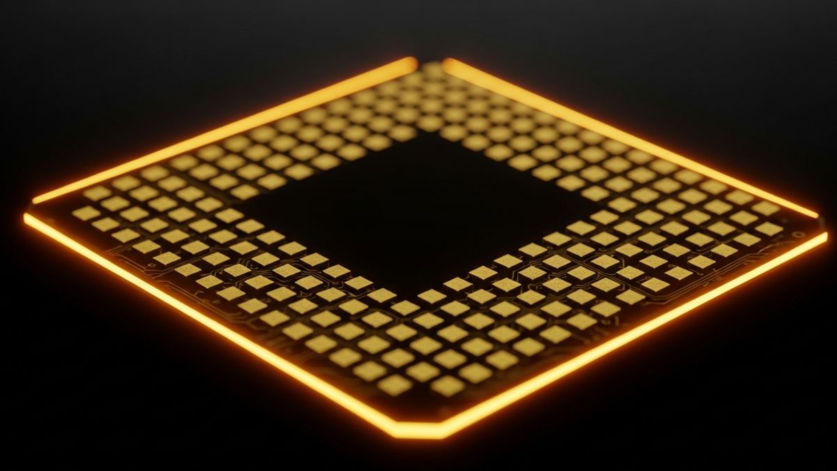 Extreme macro of a high-density CMOS microelectrode array chip with a grid of tiny gold electrode pads, lit with warm amber edge light against a black background.