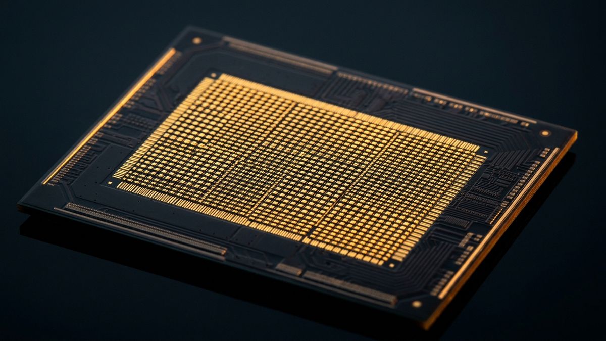 A high-density microelectrode array chip, a dense grid of gold electrode pads under warm amber edge lighting.